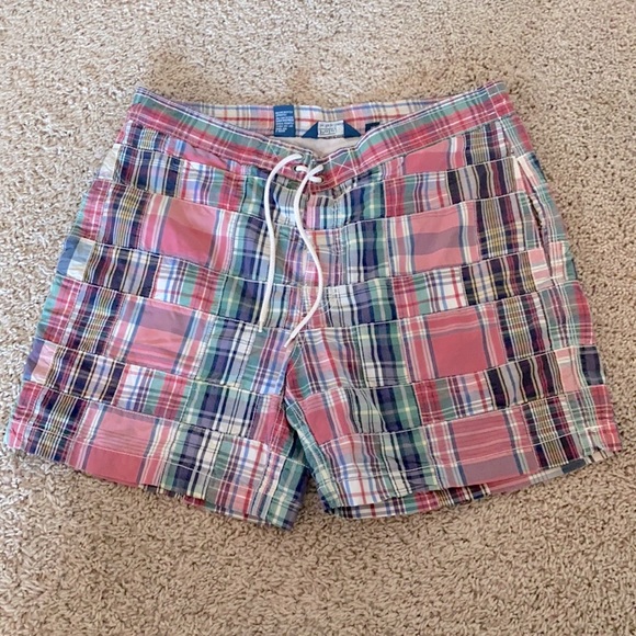 Vintage Y2K Polo Ralph Lauren Madras patchwork plaid swim trunks shorts Medium m
